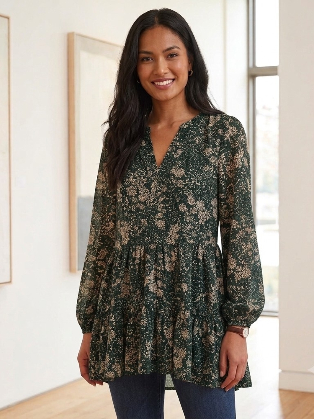 Reitmans Forest Green Floral V-Neck Tiered Blouse